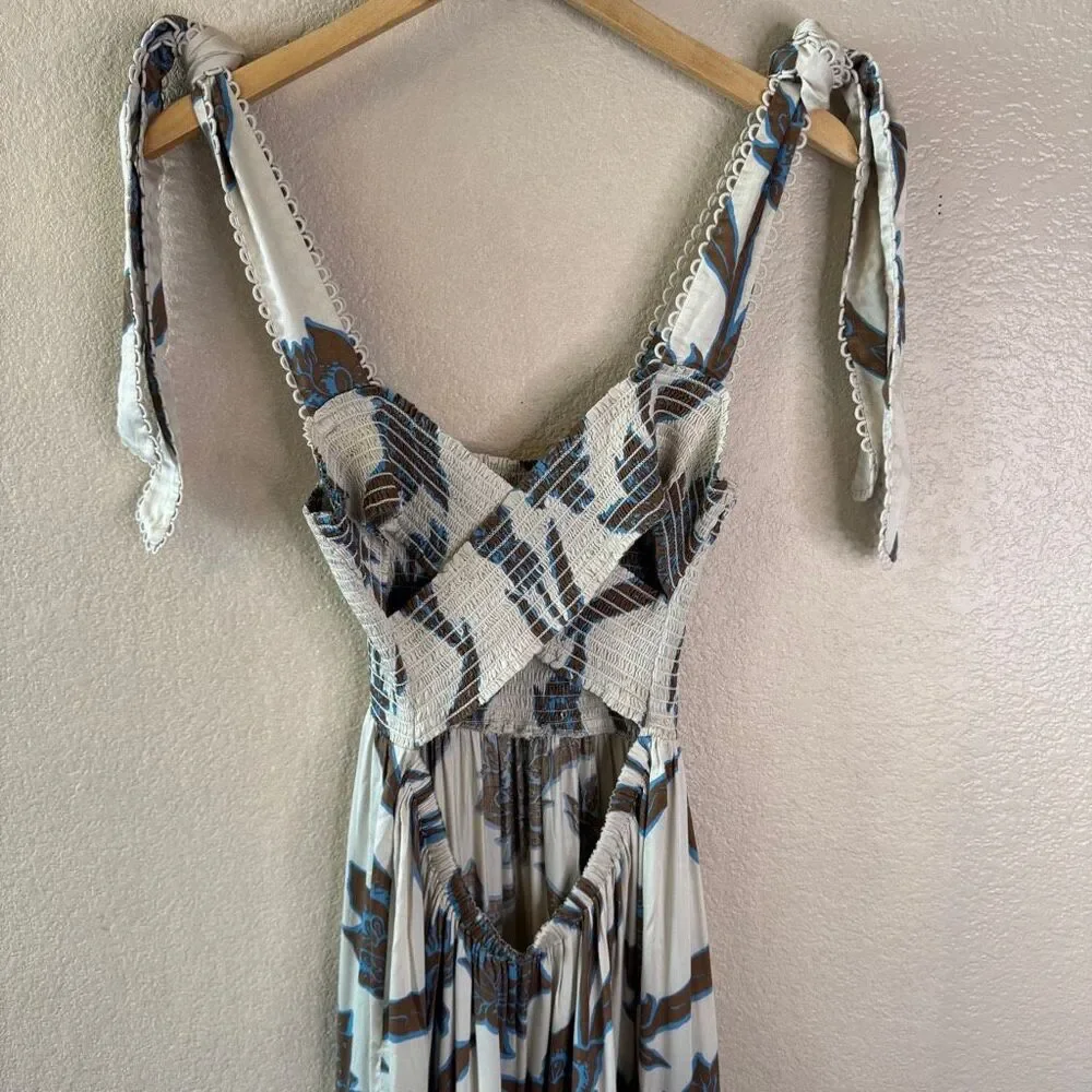 NEW Omika Lana Maxi Dress Women Large Ivory Brown Floral Print Smocked Crossback